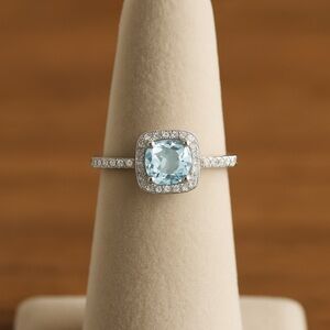 White Gold Aquamarine & Diamond Halo Engagement Ring